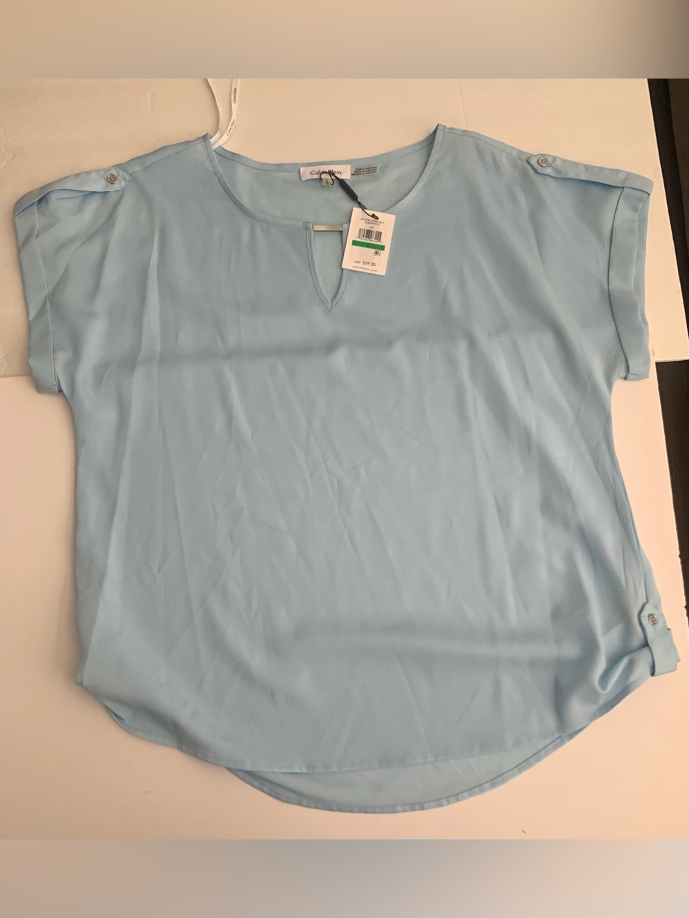 Calvin Klein Pale Blue Short Sleeve Keyhole Blouse